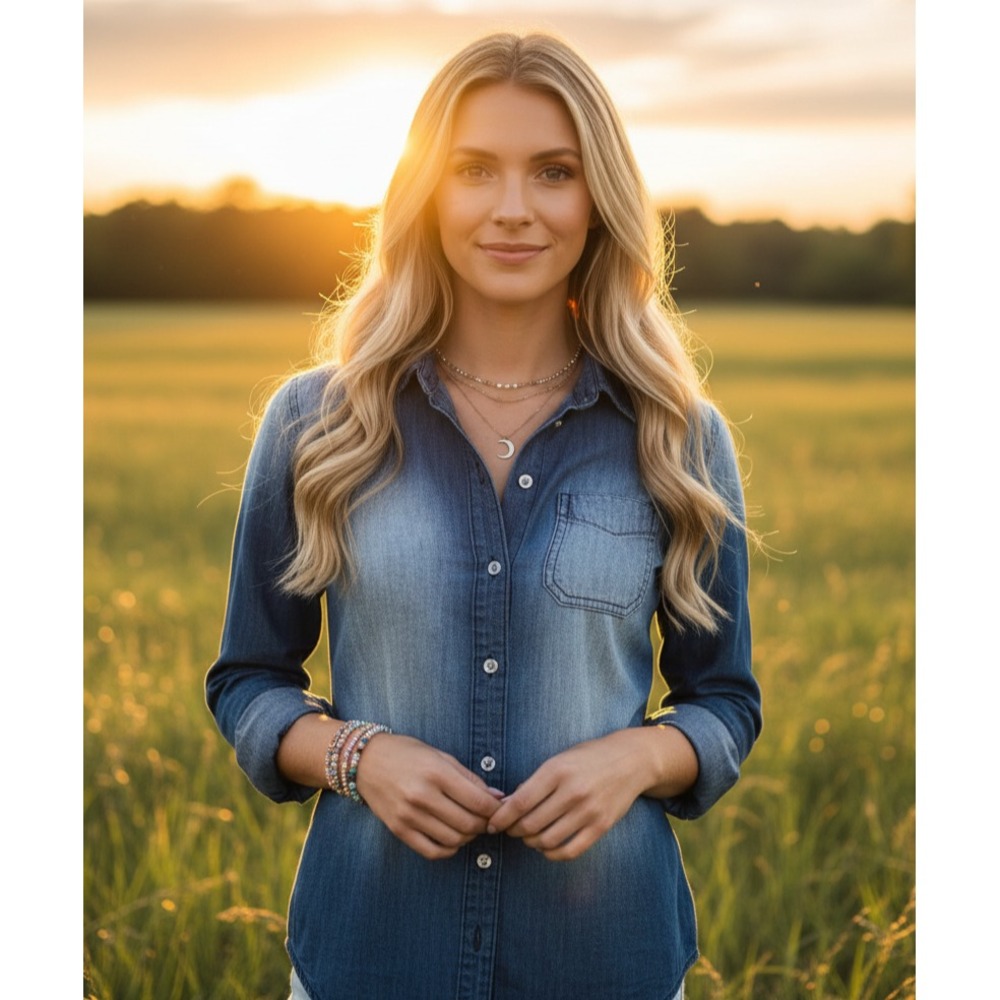 Old Navy XS Shirt Top Blue Denim Button Western Coastal‎ Boho Indie Grunge Work